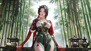 The Red-Robed Goddess in a sun-dappled secret garden, lazily turning her head with golden halos and a coy smile