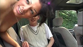 Brunette Strips Red Top for Public Blowbang Before Threesome Pound