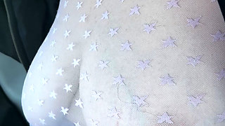 Exhibition in Micro Satin Skirt Without Panties and Transparent Pink Top in Public