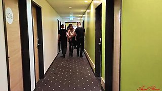 Ariel Rossi gets double teamed in hotel stairwell then creampied in room - hardcore public sex