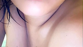 Busty curly brunette with big boobs fucks on couch