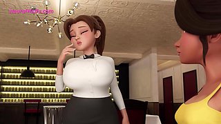 Busty waitress gives her FUTA customer a surprise blowjob