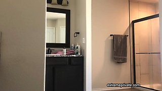 Stepmother showers, I jerk off while peeking
