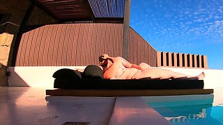 Hot curvy redhead got fucked by the pool in a white fishnet