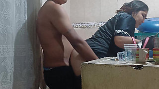 Maid fucked by her boss, almost discovered by her wife
