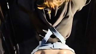 Blonde in hoodie kneels with bowl then ass fucked doggy