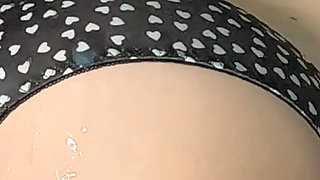 Giant Cumshot on Sexy Black and White Hearts Panties