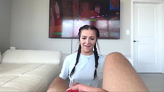 She distracts him from gaming until he grants her with a creampie