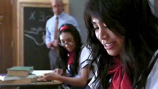 Hard Sex Lesson For Two Asian 20yo Schoolgirls - Petite brunettes in cosplay threesome