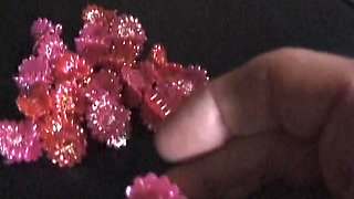 Milf gets strawberry round her tits while gagged and on bondage