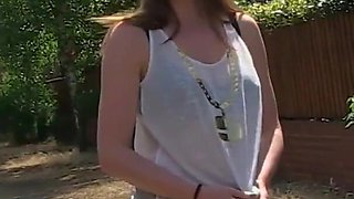 Chessie Kay shows off her natural boobs and pisses on the grass along the boulevard to be happy