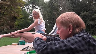 Young vixen seduces silver fox in the great outdoors