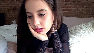 Small titted brunette teen fingering on the bed