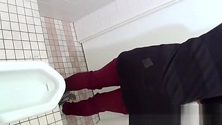 Japanese babes peeing golden piss in urinal POV voyeur