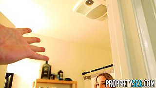 Blonde realtor in black blazer drops to suck after property tour