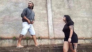 Curvaceous brunette is sucking a strangers dick outdoors and getting fucked very hard, in return