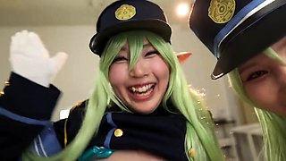 Asian cosplay cuties take turns on cock in POV threesome