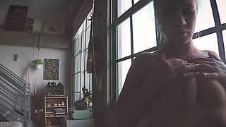 Hot Blonde Babe in Black Nylons Masturbates Solo