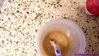 Goddess Amanda Humiliates Piggy Slave with Food & Toothbrush in Bathroom Fetish