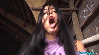 Adorable italian pulls white g-string to one side for my Big Dick - public agent