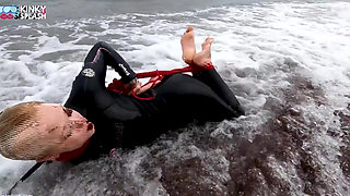 Hogtied in a Wetsuit - Rope Bondage Escape Challenge on the Beach