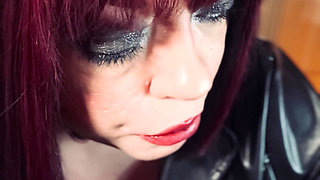 Leather Wife Tina Snua Smoking In Red Latex Gloves  -  Smoker Shiny Goth Gothic Emo Makeup Wig