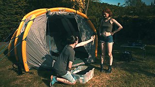 Redheaded Nina and James indulge in a wild outdoor romp with her big naturals bouncing