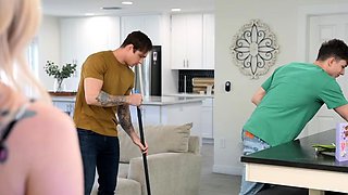 Insatiable stepmommy gets spitroasted in threesome