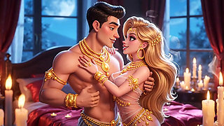 Erotic Fantasy Romance - Golden Jewelry Couple Deep Kissing & Bed Play