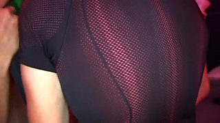 Skinny Brunette Stretched Wide in Intense Group Fisting Session