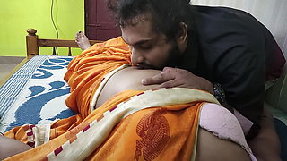 Saree and bra navel lick boobs press with pussy rub romance of Vaishnavy and Sharun Raj, Mallu couple hot saree navel romance