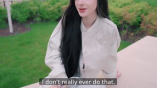 Skinny teen touches herself out in the cafe, kneeling to suck his cock after POV