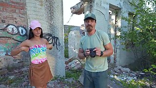 Tiny Russian brunette does not mind cucking her man in public