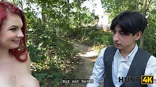Hunt4k. red haired whore cheated on her bf in public and toyed with her Natural Tits