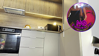 Amazingly Beautiful Hot and Horny Girl in Stockings in the Kitchen Flashes Her Tight Pussy and Ass