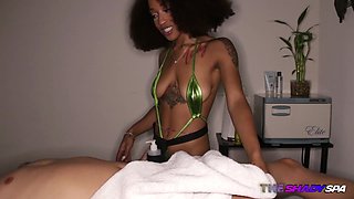Black masseuse inked babe in bikini wanks client cock 4 free