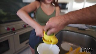 Interrupted redhead Vanessa Marie chores to fuck her hard in the kitchen