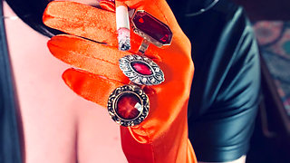 Satin Gloved Cougar Tina Snua Tip To Tails 2 Cigarettes  - Gloves Smoking Smoker Chain Smoking