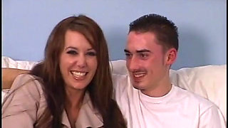 Guy drills brunette with perfect tits on couch