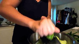 Hot French MILF Kahann masturbates with cucumber in kitchen close-up amateur video