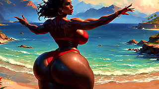 4K 100% Ai Generated 3D Soft Looping Pmv: Dark-skinned Thick Ass Gentle Twerk on Tropical Beach in Sexy Bikinis