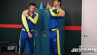 Gay teammates fuck with coach in locker room