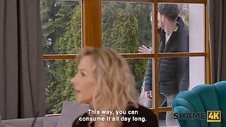 Watch these French MILFs humiliate a bald guy with their huge tits and shaved pussies