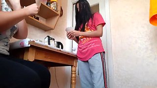 Lesbian Step Sisters Cheat - Fingering & Spanking in the Kitchen While Step Sis is on the Phone