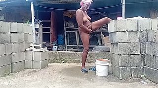 Sexy Black BBW Village Girl Outdoor Shower Twerking Saggy Tits