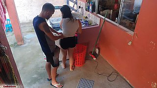 The boss left and the maid couldn't resist my erect penis