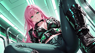 Pink-Haired Leather Tech! Private vibes in a neon-lit cyber corridor.