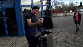 Blonde babe sucks deep an older man in the bathroom but the other one take her for real good office fuck