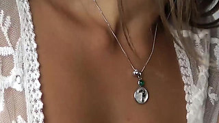 Beauty in white peignoir suck huge dick lover and cumshot on boobs