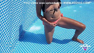 Nippleringlover Horny Milf Hot Bikini Flashing Pierced Nipples & Pussy While Cleaning Pool Outdoors